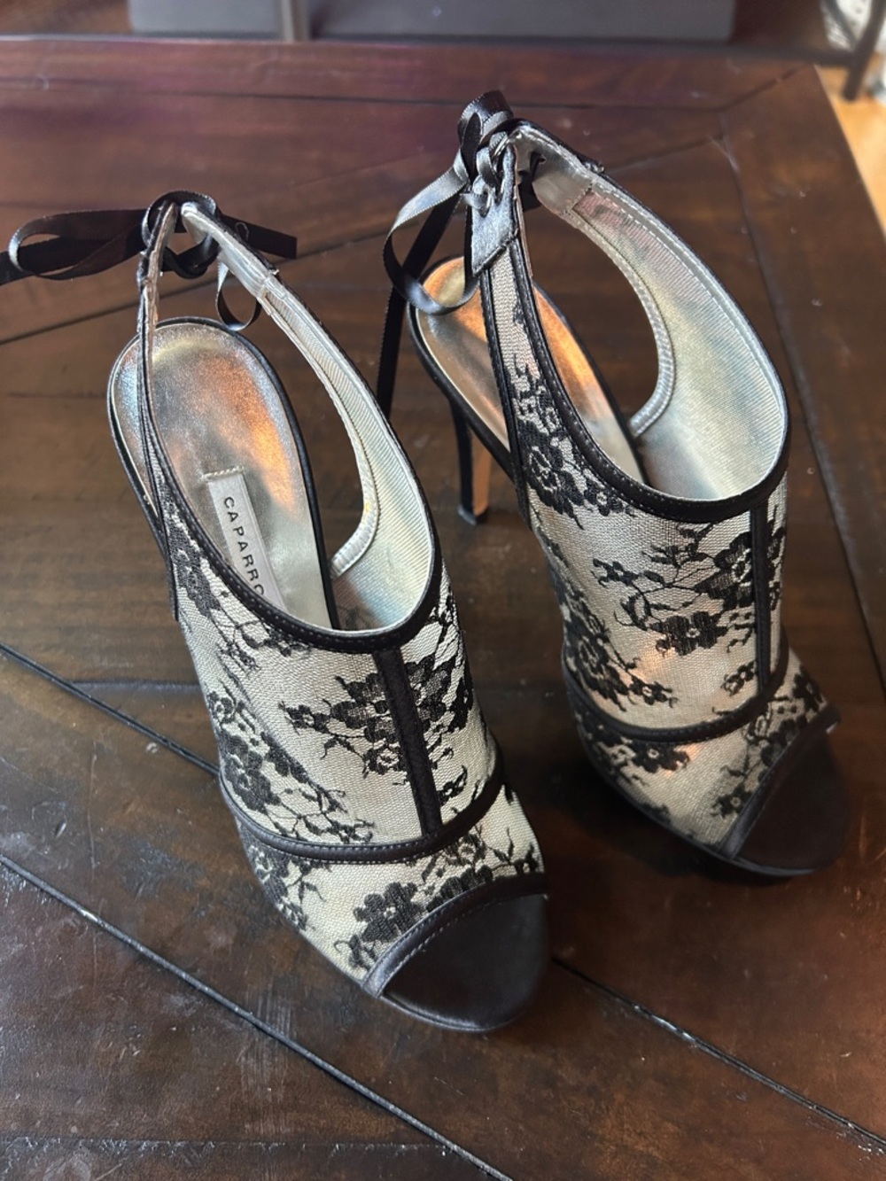 Caparros Black Lace-Overlay Peep-Toe Heels